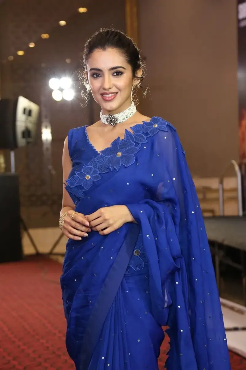 Actress Malvika Sharma in Blue Saree at Bhimaa Movie Event